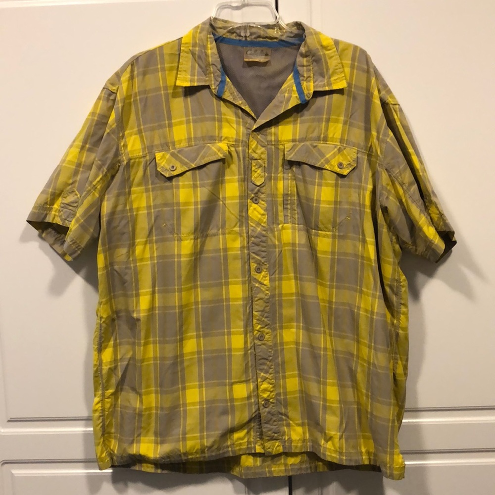 Cabela's shirt Men's XL yellow gray plaid vented nylon polyester gorpcore